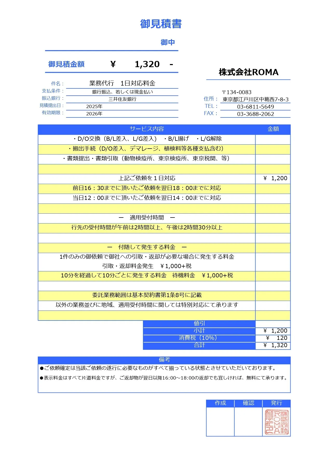 お見積り例1 作業期間1日の場合